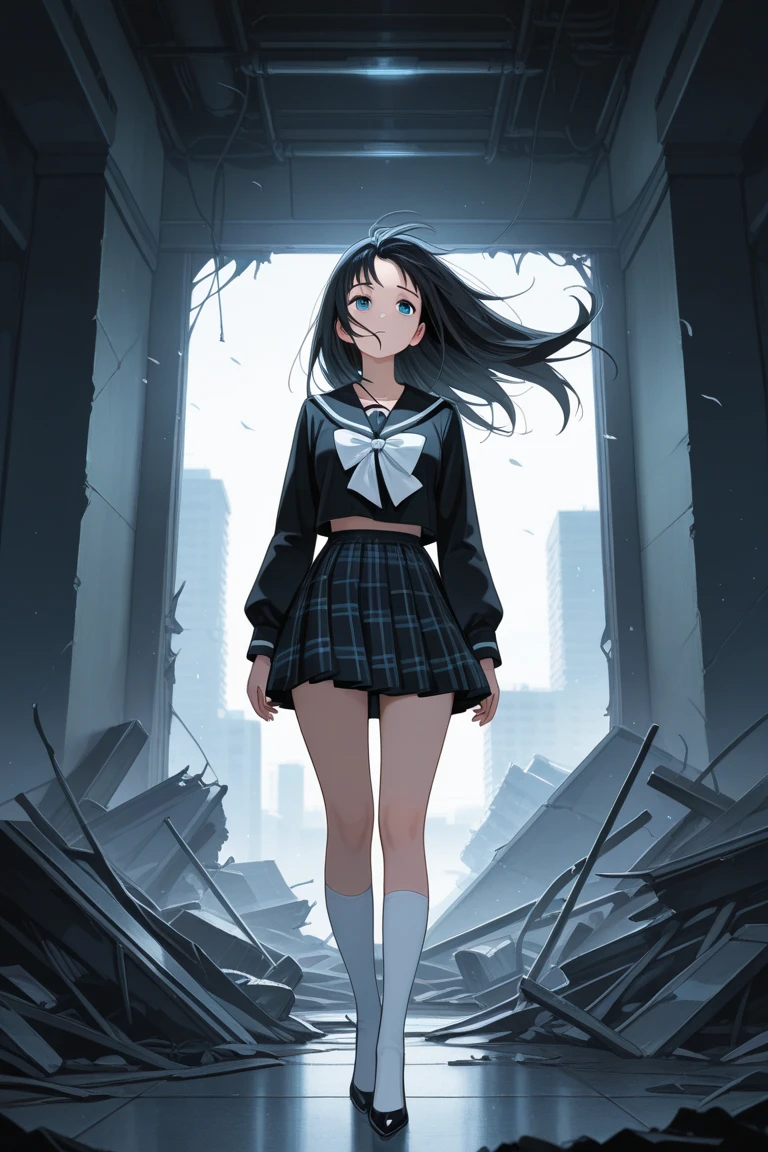 1girll, Bigger than the building, Destroyed buildings, Black hair, Blue eyes, bangs, suit, black necktie, Black pleated skirt, Black socks, Sneakers, excited, Bright pupils, Anatomically correct, Textured skin, 8K, Award-Awarded, Best quality, Giantess
