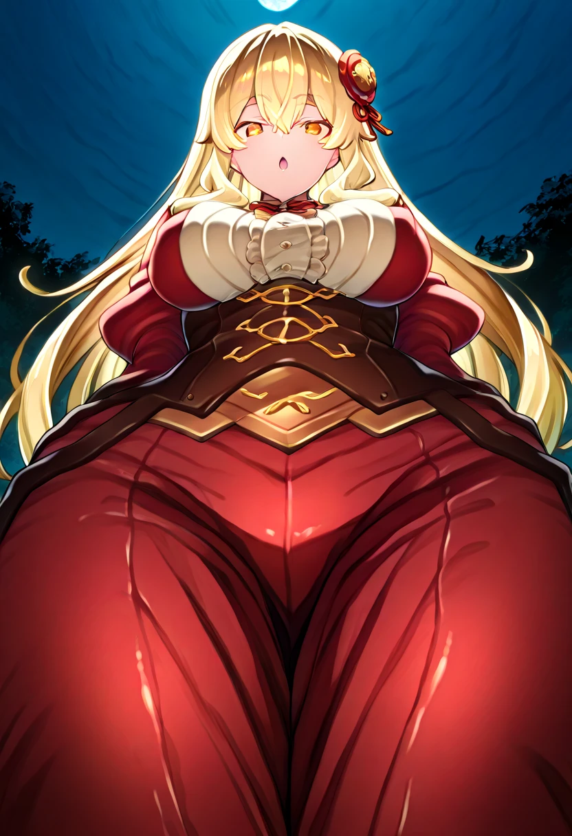 (Insanely detailed super accurate anime illustration),ultra cool girl character,demon queen, pregnancy, Sexy Red maternity dress, black cape,blonde long drill hair,cute huge belly,laugh,