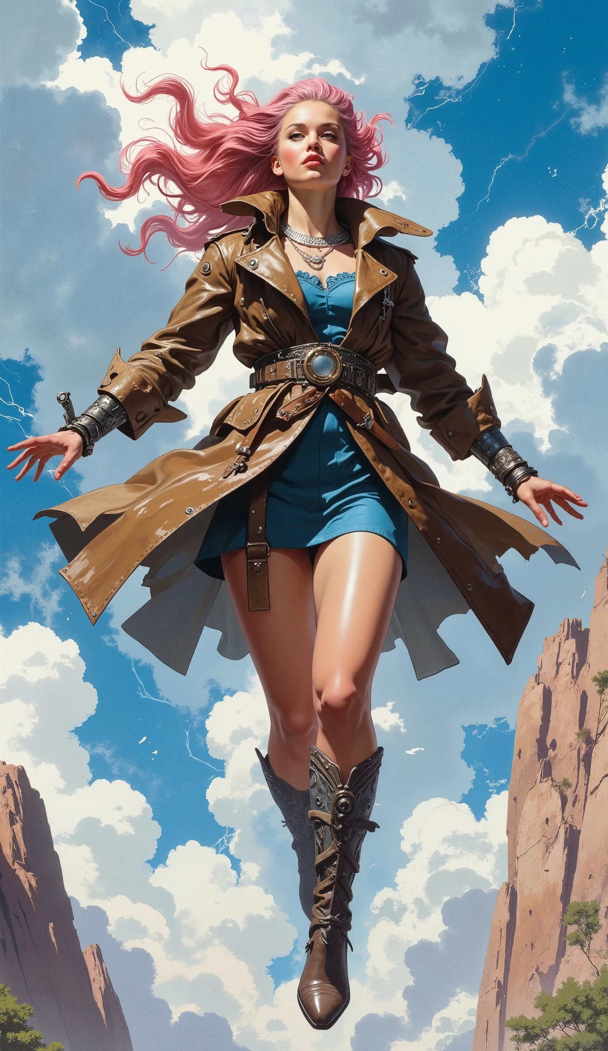 A masterfully illustrated fantasy-western ranger, a young woman with cascading, long curly pink hair, leaps through swirling clouds and mystical mist, her delicate oval face holding an ethereal, dazed expression. She wears a knee-length, form-fitting brown leather trench coat over a sleek blue mini dress, with intricate metal bracers adorned on her wrists, drawing inspiration from sci-fi ancient civilizations. Her fair skin, slender eyebrows, and crystal clear eyes exude a blend of allure and innocence. Perfect human anatomy and anatomically correct hands with five fingers are evident as she gracefully soars, her long, fair legs encased in stylish leather boots. Cinematic lighting illuminates the scene, rendering it with precise, creative detail in a mature art style that embodies fantasy realism. The dynamic pose and unique environment create a captivating and otherworldly atmosphere, evoking a sense of awe and wonder.