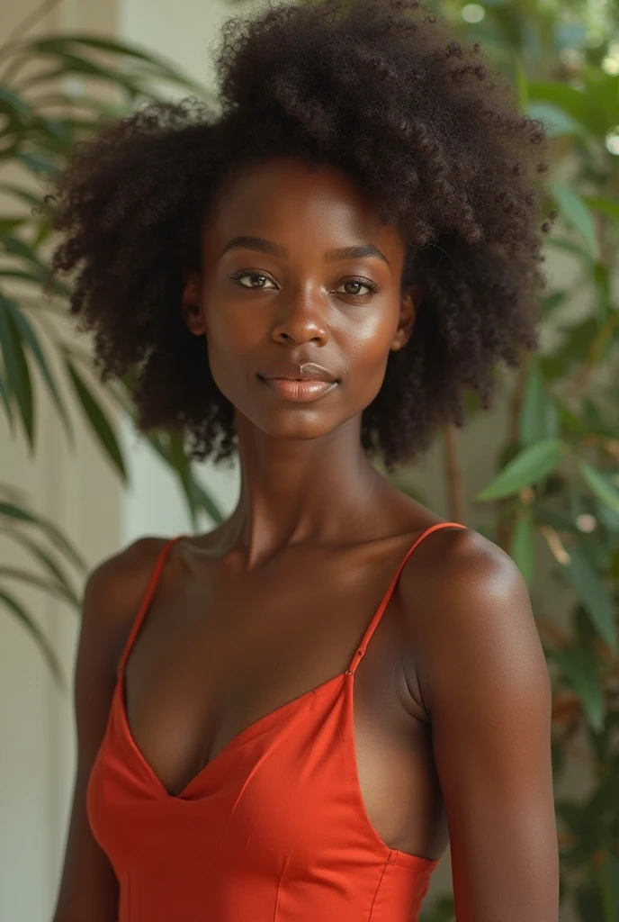 A photo of an Afro-American woman with a neutral skin tone sitting on a comfortable sofa in a lush garden. She is facing directly towards the camera, allowing her face to be seen clearly from the front. The woman has a calm and confident expression. She is surrounded by vibrant greenery and colorful flowers. Soft natural light filters through the trees, highlighting her face and creating a serene and inviting atmosphere.