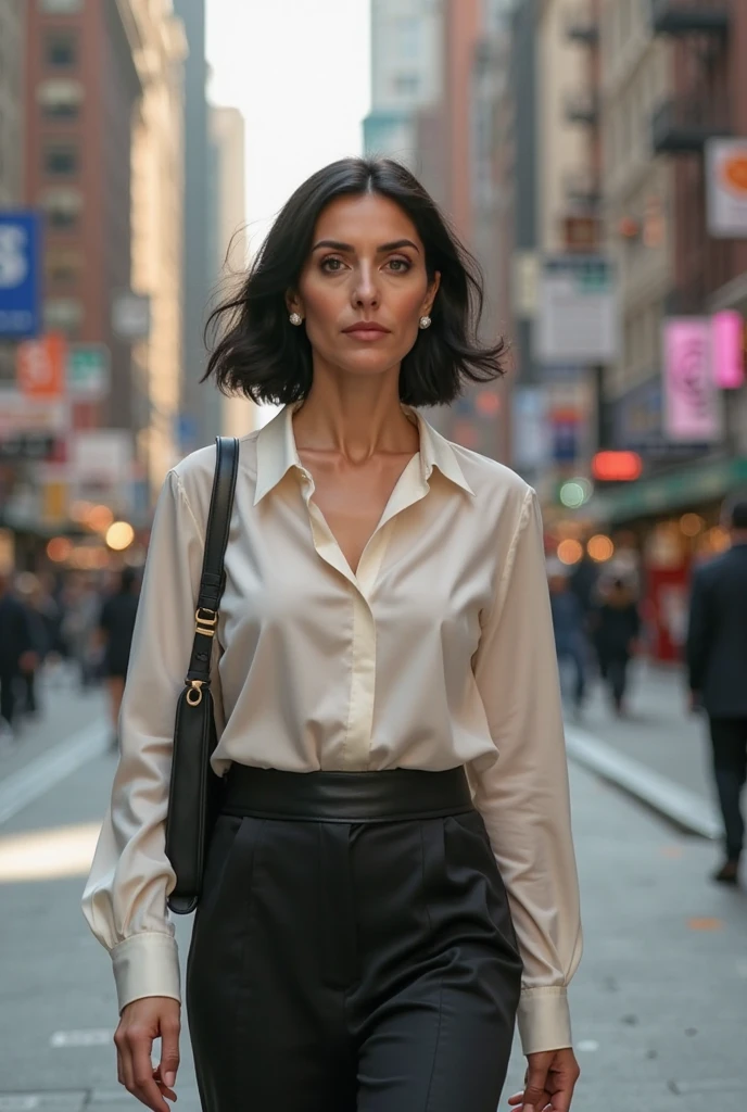 Generate a realistic, human-captured image of a woman over 40 in a stylish outfit.

