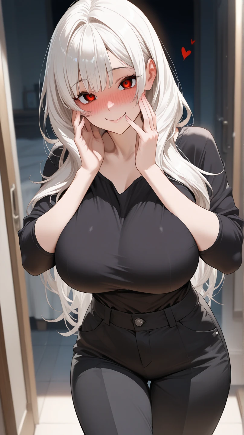 ((mejor calidad)), ((Obra maestra)), (detallado), cara perfecta Chica hot, pechos grandes, muslos grandes, falda negra, camisa negra manga larga, ojos rojos cabello blanco