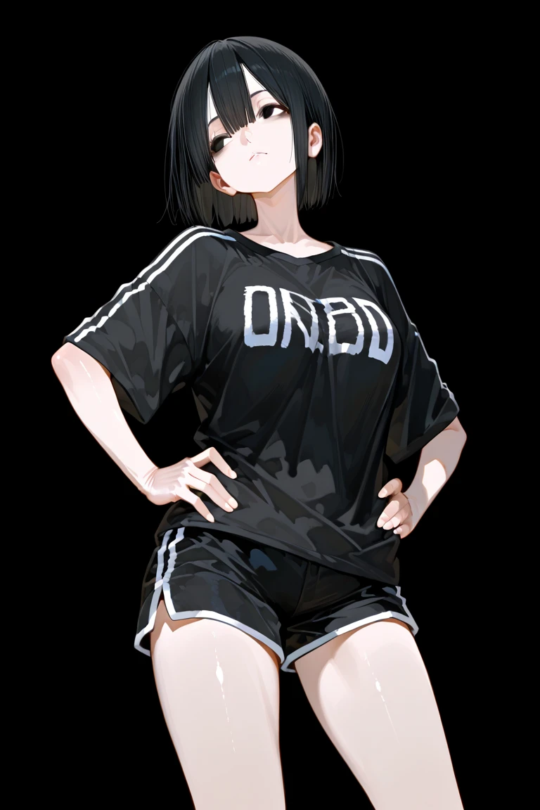 masterpiece,best quality,1girl,solo,multicolored hair,bobcut,no background,streetwear,model,black hair,blonde hair, blue eyes
