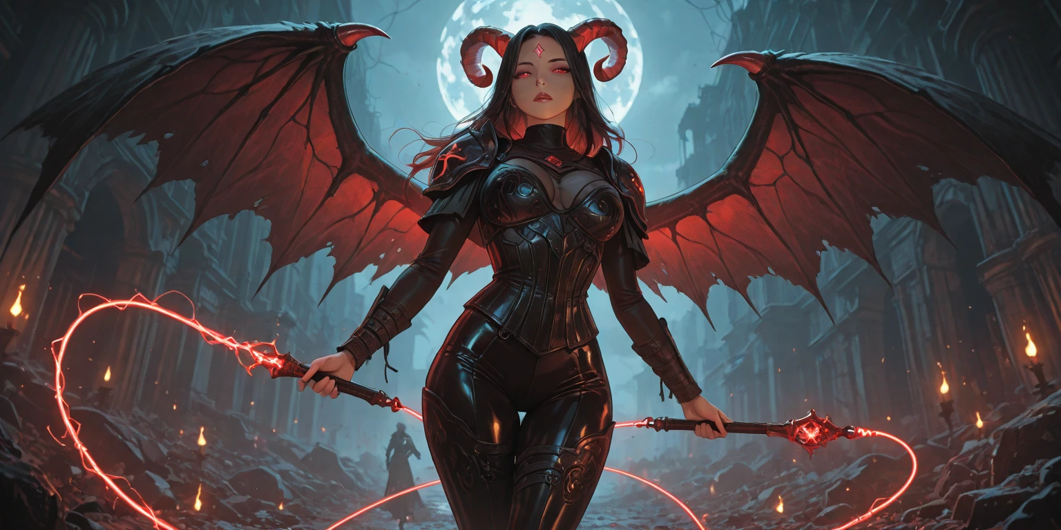 Photorealistic, (masterpiece: 1.2), concept art, intricate details, highly detailed, (1 woman, thin adult woman: 1.2), (bright red eyes: 0.8), black hair, faded with sideburns, (swirl magic style- : 0.8), looking at viewer, alone, medium shot, detailed background, detailed face, combat pose, devilish warrior, demon wings, dark magic armor, stern smile, crimson color scheme, dark scarlet light, summoning circle, evoking darkness, evil atmosphere, shadows, realistic lighting, floating particles, sparks, surrounded by violet lightning, summoning, red arcane symbols