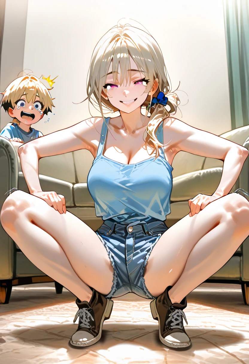<lora:fate_nero:0.8>, fate_nero, 1girl, solo, long hair, blush, shirt, navel, cleavage, jewelry, sitting, closed mouth, collarbone, closed eyes, white shirt, short sleeves, sidelocks, thighs, small breasts, shorts, barefoot, midriff, collared shirt, armpits, necklace, arms up, crop top, parted bangs, short shorts, stuffed toy, denim, blue shorts, denim shorts, hair down, clock, character doll, stretching, cutoffs, waking up, alarm clock, artoria pendragon (fate), saber, mordred (fate), mordred (fate/apocrypha)