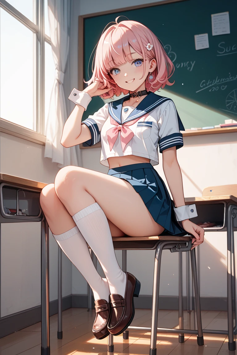 (((masterpiece, Highest quality, High resolution, 超High resolution, Pixel perfect, Written boundary depth, 4K, RTTX10.0))), Beautiful Anime Women, Beautiful art style, Anime characters, ((Smooth texture, Realistic texture, Anime CG Style)), Exact finger count、Exact number of legs、(Exact number of arms:1.0, Exact number of hands:1.0), (Perfect hands, Perfect Anatomy), Cinematic, Realistic, Highly detailed CG, Daytime lighting, Perfect lighting, Best Shadow, The best natural light, whole body, Perfectly balanced style, Perfectly balanced body, (Slender body:1.1), whole body, ((Cute woman standing、She is showing her panties in her hands:1.3)), (Fashionable white shirt, Sailor collar, Knee-high socks, loafers, Navy pleated mini skirt:1.3), ((Sexy and cute panties, (Stylish shiny satin pink panties:1.2), Lace panties:1):1.3), (Beautiful and very large breasts:1.2), (Feeling embarrassed, (blush:1.2), (Embarrassed expression:1.5), (In the school classroom:1.5), Angle from the front, holding panties, Panties as a gift