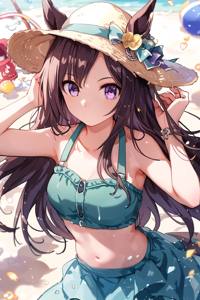 (NSFW:1.1)(realistic, photo realistic:1.2), ((highest quality)), move the center of gravity backwards, pretty embarrassing, hokko tarumae \(umamusume\), Purple eyes, barefoot, White bikini, (Red frill:1.2), horse taill, (squat:1.4), put the heel on the ground, spread legs, squat with your knees up, Attach your ass to the ground, beautiful face details, real human skin, gentle expression, realistic, photorealistic, cute, squat deep on beach, whole body, Smile, natural smile, charming smile, enchanting smile, (looking at the viewer:1.2), From before, from below, (wind:1.1), tomachop