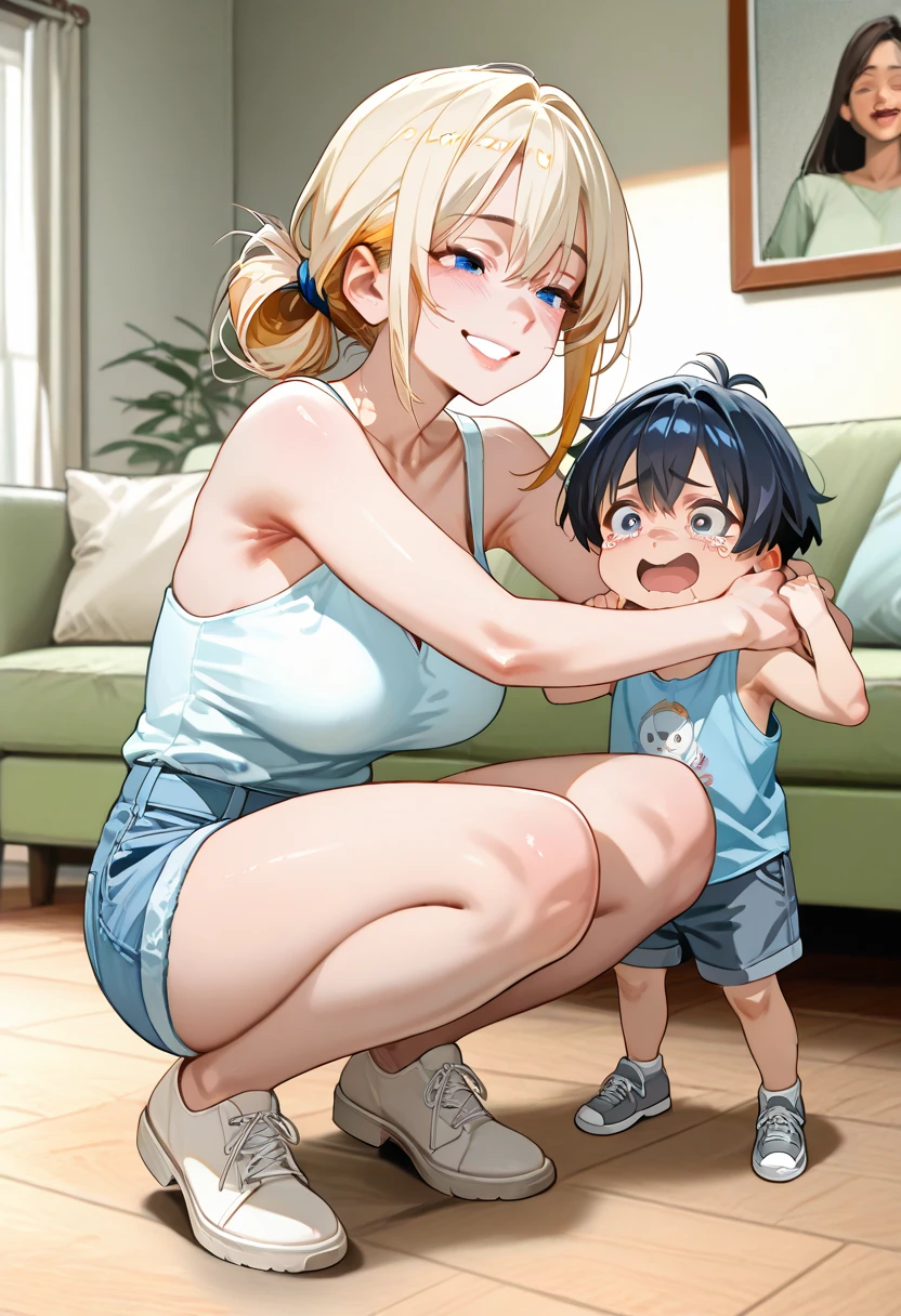 a mother and her little son, European 40 year old milfs with his little son with blonde and brown hair, Best Quality:1.4), (ultra high resolution:1.2), (8k, photo and gross:1.2), Laurenalexis, (1 mom, 1 son), The mom is showing her curves, leaning seductively, wear blue leotard, with his little son, light eyes, a mother and her little son,