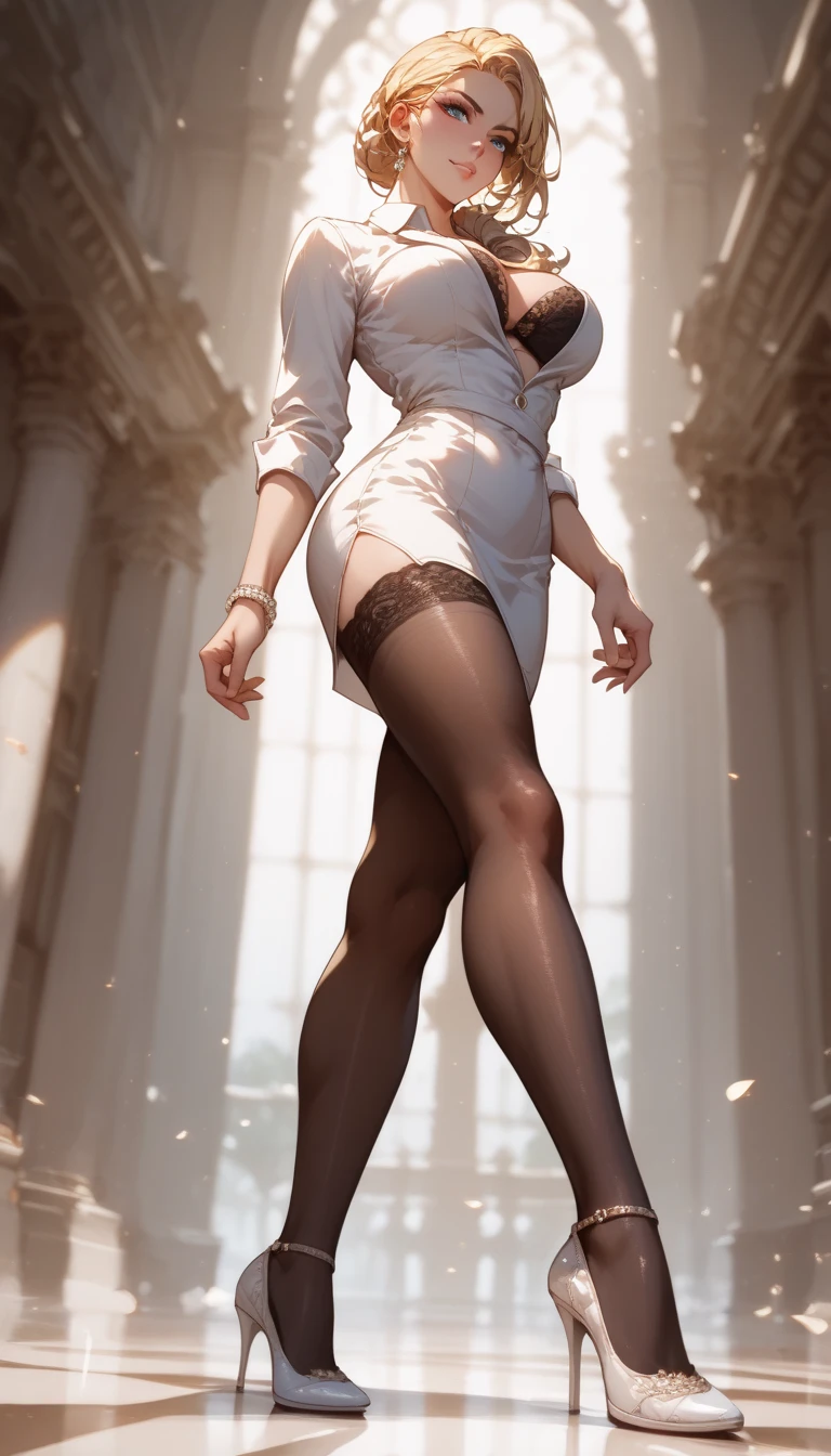 giantess art, highly detailed giantess shot, der riese, super giant princess, Shorthair, A giant woman bigger than a skyscraper, wearing rimless glasses, huge tit, Big ass, white luxury white dress, White pantyhose, Shoes: white sandals with high heels, very small metropolis, miniature metropolis, Full body depiction。gts, giantess, black pantyhose, tiny city,micro city,