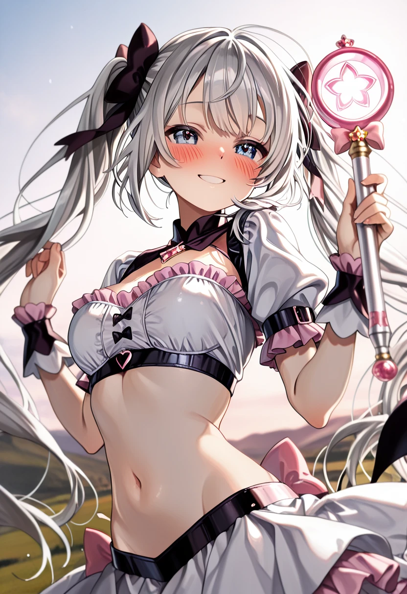 独奏,Whole body、Young face、long silver Hair、long Twin tails、Spoiled brat、Immature body、(Small breasts)、smile、(Thick thighs:1.5)、Backwards、looking at viewer、Open mouth、double teeth、fang、blushing and sticking out her cute tongue, tongue out、sensational、Back view, Character portrait, whole body、Frilly clothes、little demon's horns and a tail、big Buttocks、(wearing a Magical girl costume)、Night view、tongue out, long cute tong、sexy panties、Shy face、pink tattoo on her abdomen、(holding a Magic stic)、Building at night