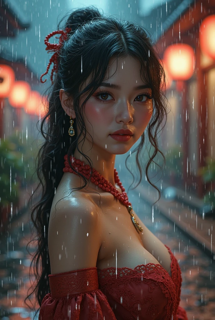 Create an Asian beauty，High collar, short sleeves, red traditional cheongsam，Does not leak out of the chest，Sitting on a stool，Keep your legs together，Scratching the scalp with both hands，Two hands washing hair on top of head，There is a lot of foam and water on the head，Foam wrap head，Realistic foam，Seductive expression，Character front position，Real People，Character Close-up，Ancient attic background，9:16 frames，Ultra HD painting
