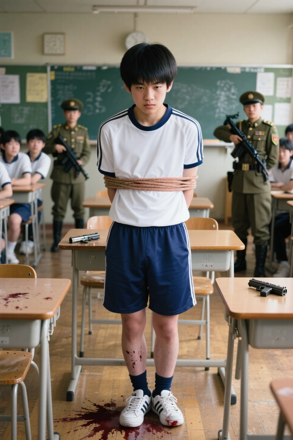 1boy、Handsome Men、Japanese male, 、Completely naked、Full nudity、erection、Huge penis、Highest quality、Realistic、beautiful、Sad look、 ((((Both arms were tied up with rope)))), ((((A very tight rope is crisscrossed over the chest)))),(((Body bound with tight rope)))、whole body、Surrounded by men and women in uniform、In front of the school gate、erection、完全Completely naked、On all fours、Prostration