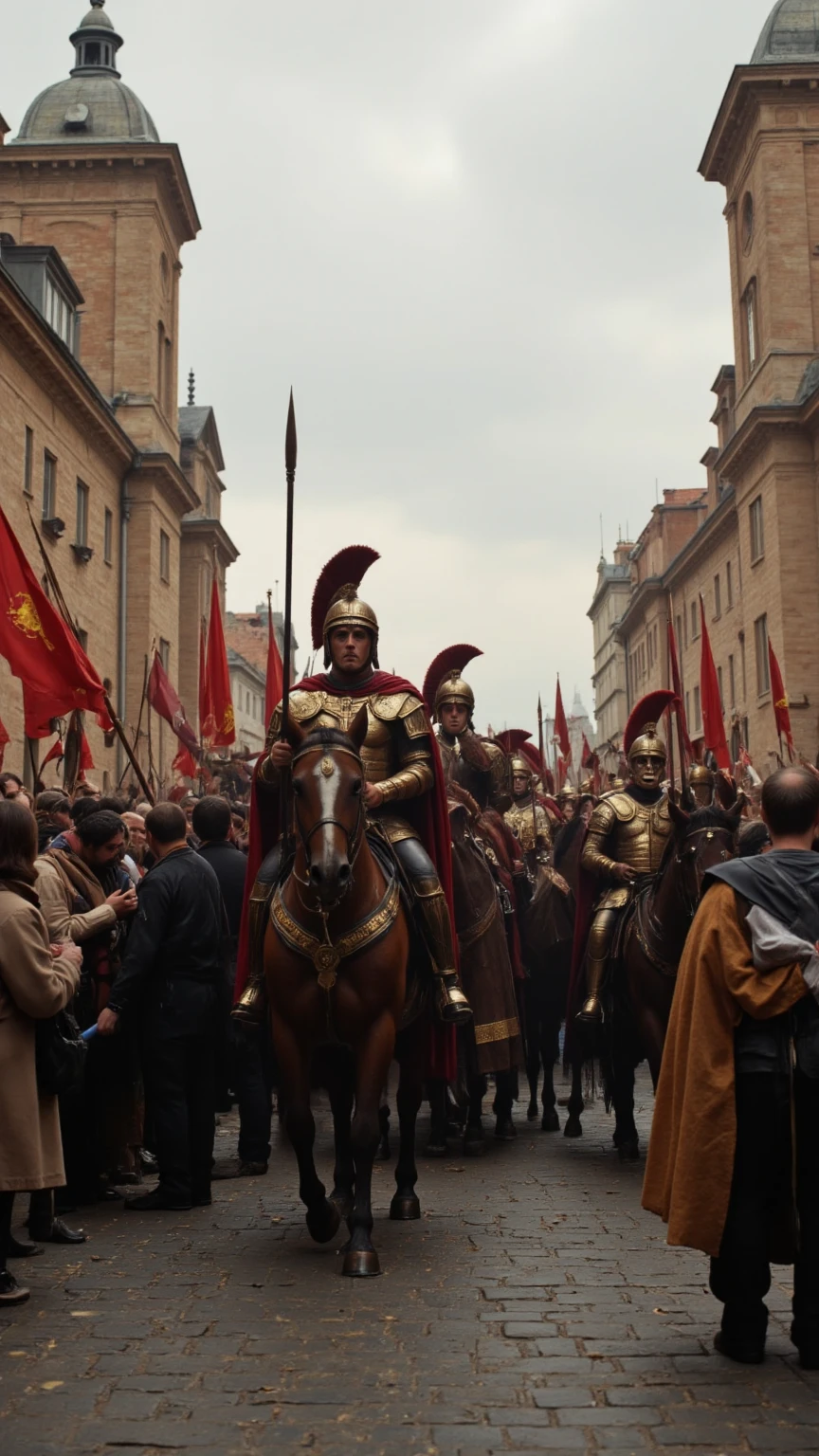 There are many men in red and gold uniforms marching down the street, Estilo de arte de Marc Simonetti, Directed by: Artur Tarnowski, Directed by: Antonio Ciseri, Marc _ Simonetti, Estilo de Marc Simonetti, Marcos Simonetti. intrincado, Directed by: Marc Simonetti, Directed by: Harrington Mann, Directed by: Roman Bezpalkiv