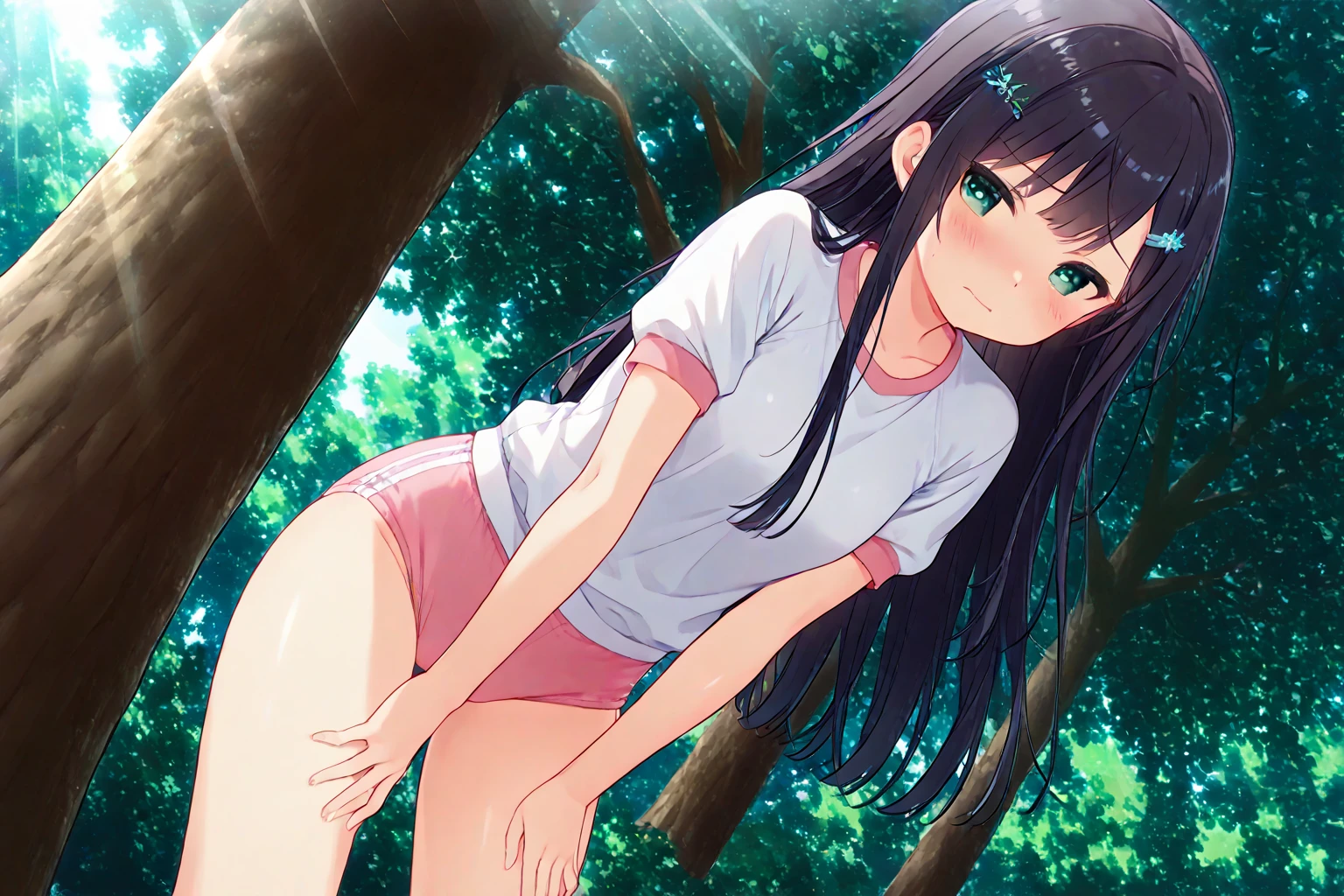 beautiful, cute 5yo anime girl, blue eyes, black hair, (((flat chest, super skinny body, extremely skinny, super skinny legs, little))), wearing a tiny white thong bikini, squatting in forest, (((visible butthole, visible asshole, visible anus))), embarrassed, shy, blushing, uncomfortable, low angle view, looking at the viewer