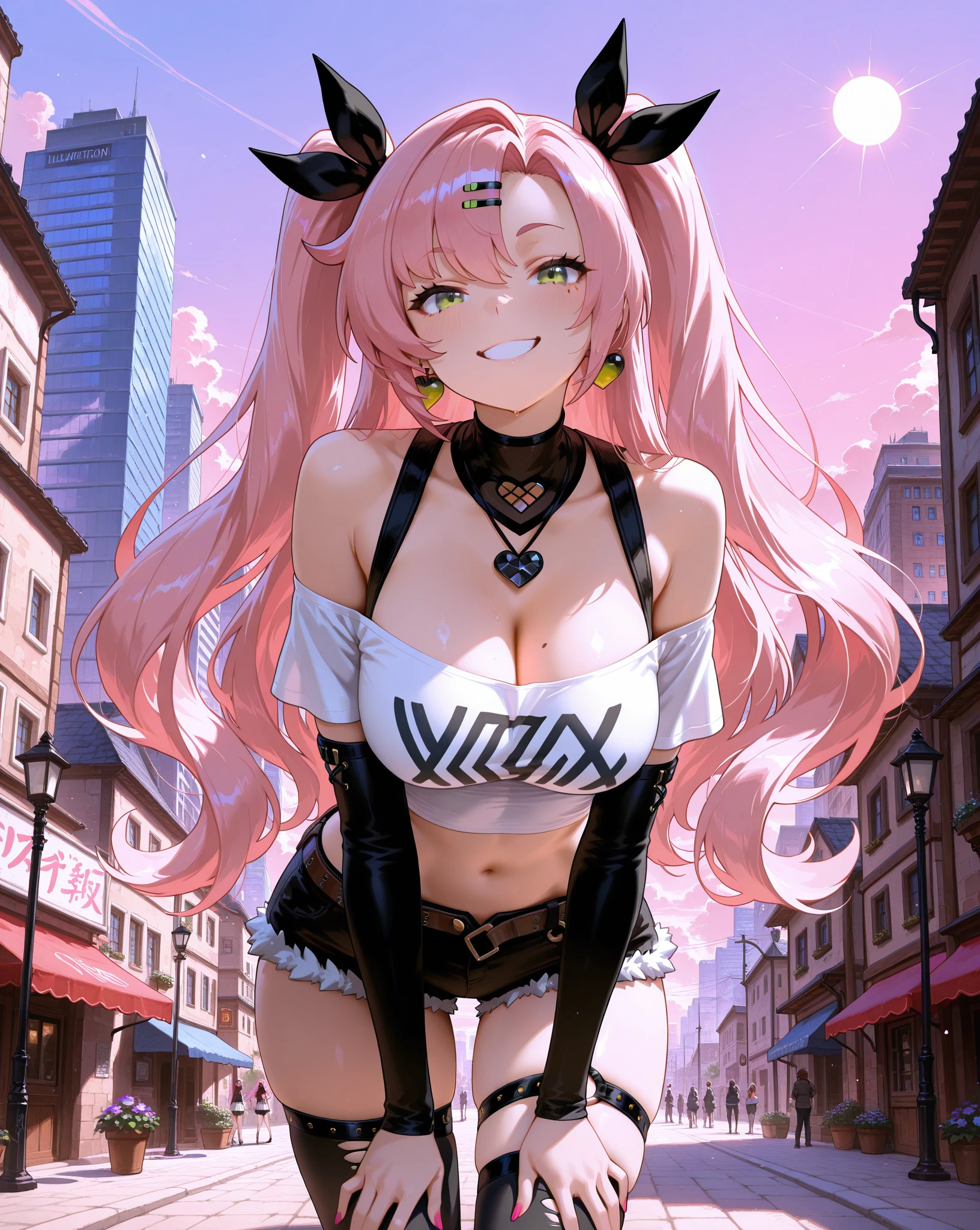 (((((1girl))))), (pink hair), (extremely long hair), (curly hair), (ahoge), (blunt bangs), (low twin tails), ((((((dark skin)))))), ((brown eyes)), ((half-closed eyes)), (cleavage), (thick thighs), ((thick lips)), ((wide hips)), (thighhighs), (short shorts), ((pink outfit)), ((lace)), ((long eyelashes)), super detailed, ((best quality)), highres, UHD, textured skin,((pink)), ((indoor)), ((cute)), (((evil smile))), ((grin)), ((smug)), full of lights, Real Human, Excitation, ((bear ears)), huge tit, ((sexy pose)), ((club)), ((platform boot), ((high angle)),