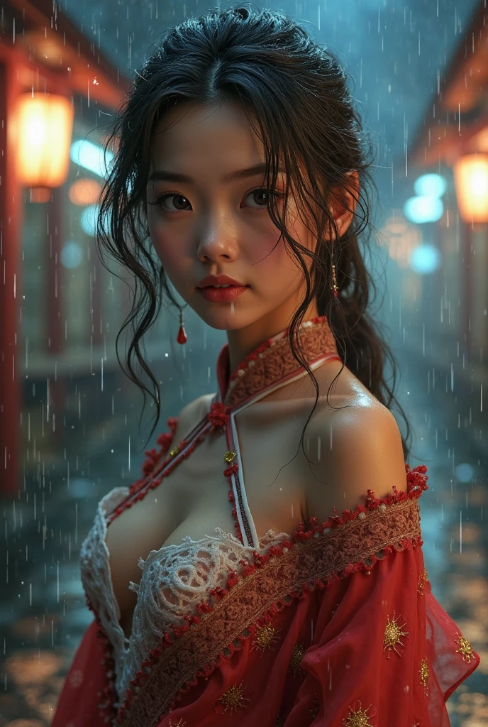 (Highest picture quality), (Master's work), (ultra-detailed), the portrait is centered, 1girl, raiden shogun, nsfw, (wet clothes), blush, bare hips, (sheer shirt), (from above:1.7), (translucent dress), water drop, (rain), (outdoors), stained, wet hair, wet dress, wet, scenery, (long hair), nature background, close up, ((on back)), water, lying in water, masterpiece, best quality, ultra high res, highly detailed, (abstract expressionism art:1.4), [girl | fire ghost:10], love, sparking fire red eyes, dark rainbow theme, colorful, visually stunning, beautiful, gorgeous, emotional, intricate, perferct shading