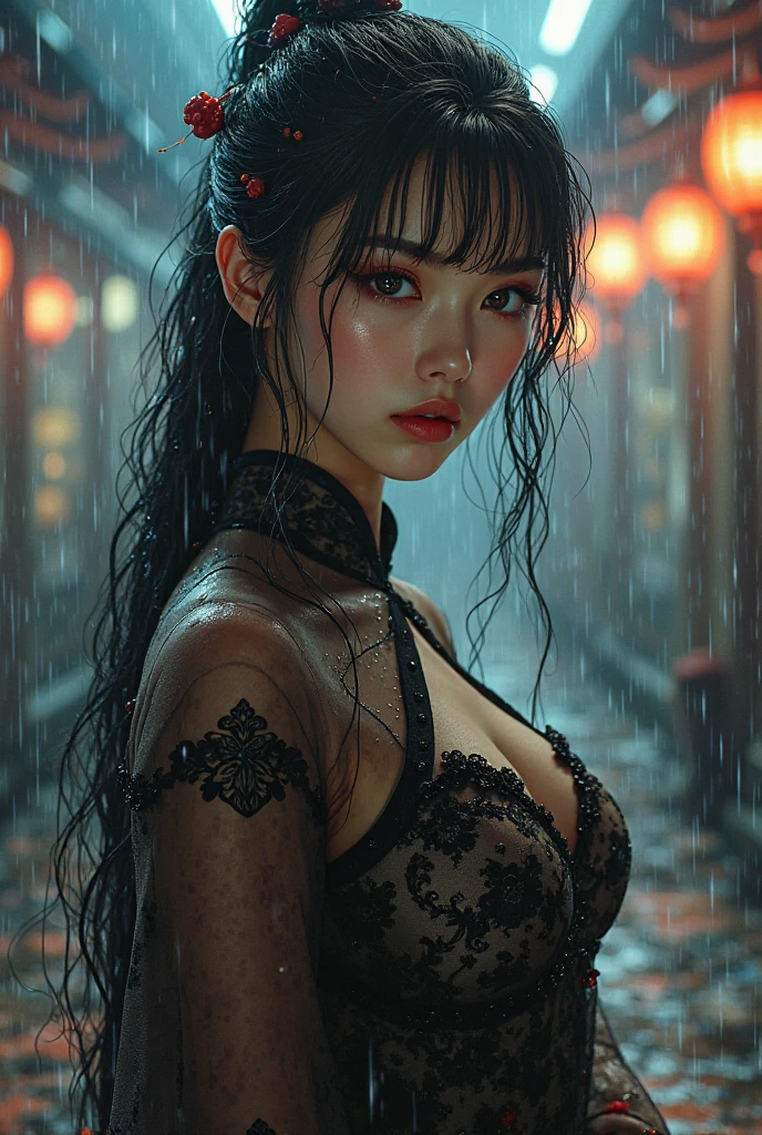 (RAW photos, best quality), (realistic, photorealistic: 1.2), (round face: 1), 1 girl, selfie outdoor, (high detail skin: 1.2), (puffy eyes), (lying silkworm), smile, collarbone, air bang, straight brown black hair, pure black pleated skirt, soft lighting, high quality, cityscape, skyline, night, rain, wet, professional lighting, Photon mapping, radiosity, physically based rendering,