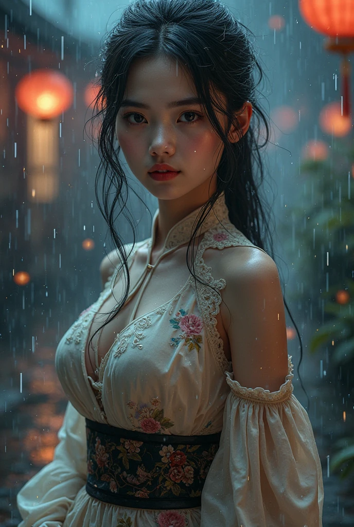 (Best quality, 4k, Masterpiece :1.3), pretty Japanese woman with 3 eye, hyper realistic, 1girl, (massive breasts, attractive body :1.4), abs :1.4, dark brown hair: 1.2, (rainy wet, wet from rain, wet body :1.4), ultra-detailed face, detailed lips, detailed eyes, double eyelid, sultry low neck gown, open cleavage, hanging breasts, side pose, visible curves, pool party, laying pool side, transparent robe, right-eyepatch