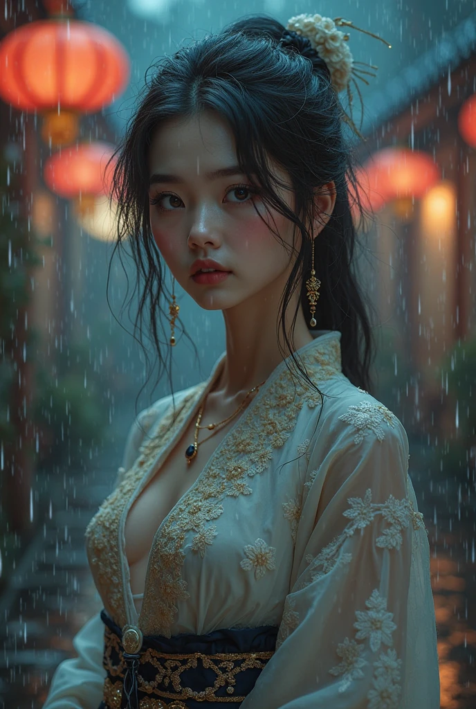 Realistic,Masterpiece,18 - year - old beautiful girl and monster,pearl - like eyes,extremely delicate facial depiction,heavy rain,crazy body movements,exaggerated perspective,poster,androgyny,fashion,dramatic lighting,strong tones,distortion style,32k UHD,chinese girls,full_body,dynamic angle,