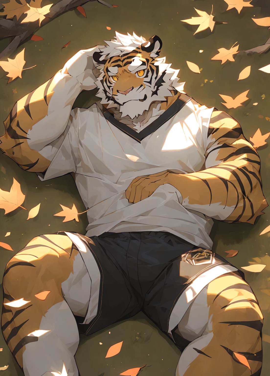 (masterpiece),(Very detailed),(best quality),hairy,,white hair,golden pupil muscles,(((orange tiger))),((Wear casual clothes)),((convex)),(Jump to camera 1.4),8k,((high quality)),Strong body,(White hair on chest and belly),body with black stripes,There is a bulge under the crotch