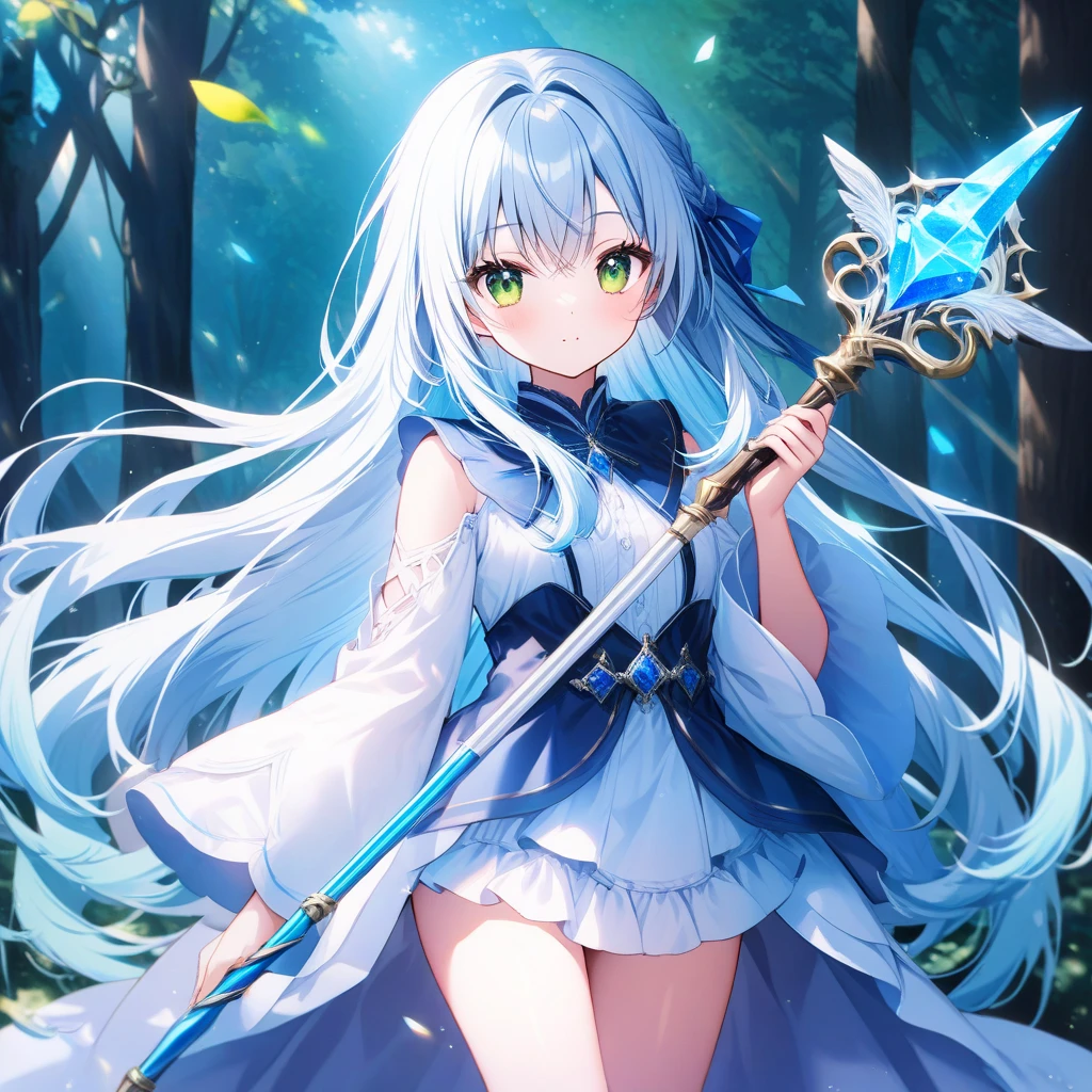 criin, 1girl, blue hair, seafoam green eyes, choker, criin, fantasy, fog, forest, hair between eyes, hair bow, highres, lake, looking at viewer, official art, mana, magic, outdoors, partially submerged, revision, intricate white spear, girl standing in the middle of a foggy lake, intricate white dress with blue cloth,
Crystal shards floating around her, Floating sparkles, Sparkle hair, Glow hair
((masterpiece)), <lora:criinStyleLora_offset:1> <lora:glassHairWIPRead_v1:0.65>