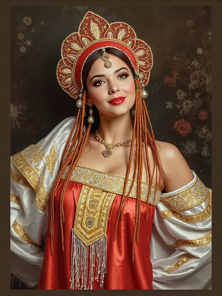 place: dacha, solo, Russian beautiful woman, Thirty-year-old woman, long straight hair, in national costume, huge breasts? , sexy face with full makeup, Red lipstick, long straight hair ,женщина in national costume, folklore dress
