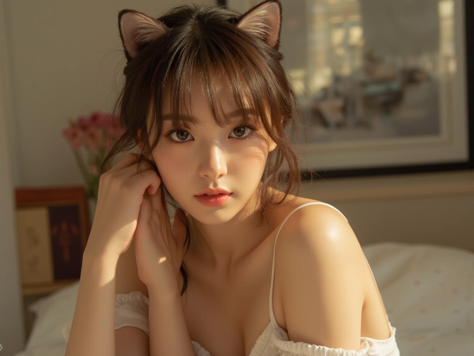 1girll，Moyou，top-quality，best qualityer，offcial art，Beauty and aesthetics：1.2），（tmasterpiece：1.3）， （8K， realisticlying， RAW photos， best qualtiy： 1.4）， beauitful face， （photorealisti：1.8），超高分辨率， Ultra photo realsisim， highly  detailed， the golden ratio， （with dynamism：1.3），（Saturation：1.3），illusory engine， (High detail: 1.9)，（femele：1.4），（Large breasts），cat ear，luxury hotel，Lace lingerie big breasts，Mid-range portrait，the night，gentlesoftlighting