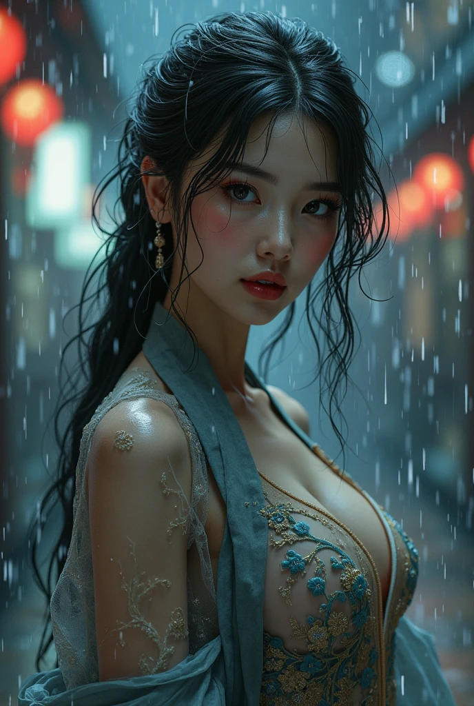 (RAW shooting:1.5, Photorealistic:1.5, 16k, highest quality, masterpiece, Ultra-high resolution), Perfect dynamic composition:1.3, (heavy snow, On a cliff on a precipitous cliff, Great background, Expressions of sadness:0.9), Highly detailed skin and facial textures:1.3, Wet slim woman:1.2, Random Shot, Fair skin:1.2, Mysterious portrait:1.1, Incredibly slim body:1.2, aesthetic:1.1, Very beautiful face:1.2, Water droplets on the skin, (Rain dripping down on my body:1.1, Wet body:1.1, Wet Hair:1.1), (Professional kimono dressing:1.1, With a wet bouquet:1.2, The correct way to wear a wet silver kimono:1.3), (Shapely breasts, Chest gap), (Beautiful erotic eyes:0.8, Beautiful, erotic lips:0.8), (Too erotic:0.9, Fascinating:0.9), necklace, Earrings, bracelet