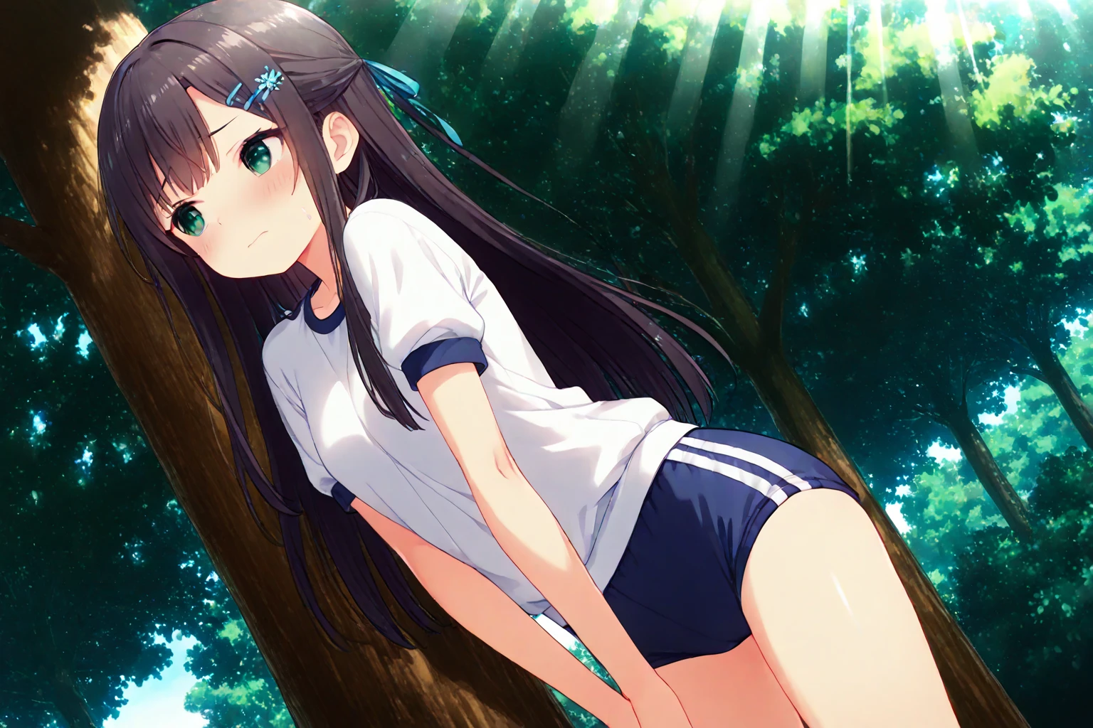 daytime, sunlight, 1 girl, 8K resolution, blue hair, blue eyes, glowing eyes, white short skirt, Blush, Cheongsam dress, sleeveless shirt, sunlight, Wet from the rain, seethrough, Sit with your knees raised, pussy, Spread your legs slightlyม smile, the skirt is lifted up, highest quality, High resolution, highly detailed face, perfect lighting, highest detailed CG, (perfect hands, perfect anatomy), mini yaemori, perfect figure, in love expression, bottomless, armpit, medium breast,