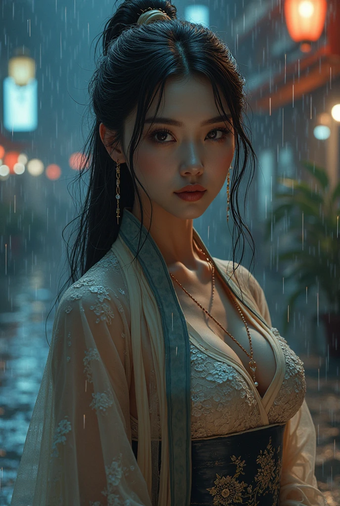 (RAW shooting, Photoreal:1.5, 8K, highest quality, masterpiece, ultra high resolution), ((((Typhoon heavy rain)))), perfect dynamic composition:1.2, (Night street corner of a modern city, expression of sadness:1.1, Tears are flowing:1.1, cry with a broken heart:1.1), Highly detailed skin and facial textures:1.2, Slim office lady wet in the rain:1.3, Fair skin:1.2, sexy beauty:1.1, perfect style:1.2, beautiful and aesthetic:1.1, very beautiful face:1.2, water droplets on the skin, (rain drips all over my body:1.2, wet body:1.2, wet hair:1.3, Wet tight skirt:1.2, wet blouse:1.3), belt, (Medium chest, Bra is sheer, Chest gap), (Eyes that feel beautiful eros:0.8), (Too erotic:0.9, Bewitching:0.9), cowboy shot, Shoulder bag, necklace, earrings, bracelet, clock