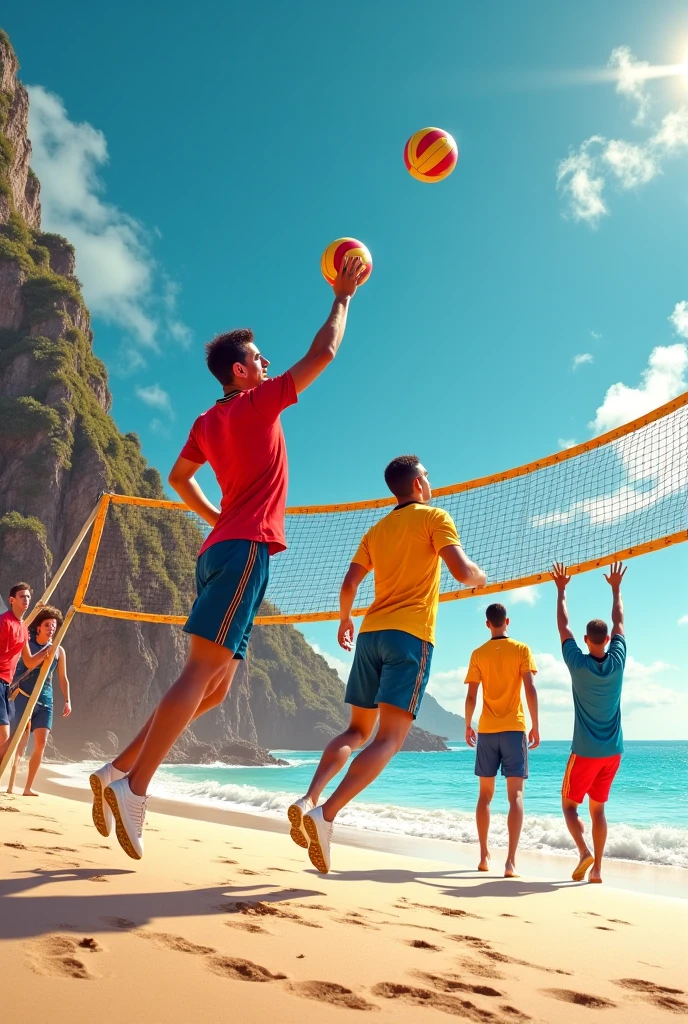 ((best quality)), ((masterpiece)), (detailed), perfect face
On a court resembling a volleyball setup, two teams of three players each face off with a net serving as a barrier between them. The players are engaged in a game called Headball, where they use only their heads to play the ball. The objective is to score by heading the ball over the net and into the opponent's ground. The teams are in motion, with one player from each team leaping to head the ball, while others are positioned to defend or set up for the next move. No hands are allowed, making this a unique and challenging sport."
