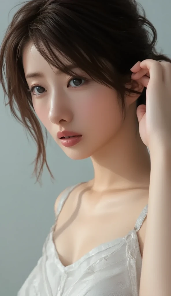 (masterpiece、Realtic、masterpiece,Very detailed,Highest quality,8k,CG,shape,shaving:1.0),(one person's:1) 、Dark Room、Bedroom、sexy gestures and faces、sexy, jyojifuku,nurse、Big Breasts, Cleavage、latexのnurse uniform、Lying in bed