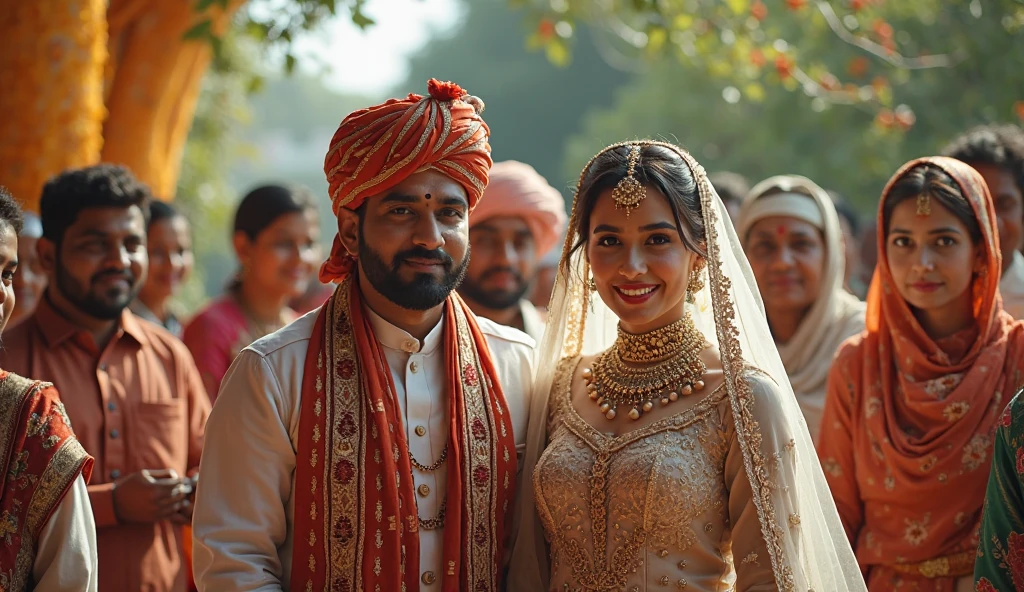 arafed couple in traditional indian attire posing for a picture, lovely couple, photo taken with nikon d750, photo taken with nikon d 7 5 0, wearing traditional garb, wedding photography, dressed in a jodhpuri suit, couple, full body photogenic shot, wedding photo, happy couple, bride and groom, well edited, groom, edited
