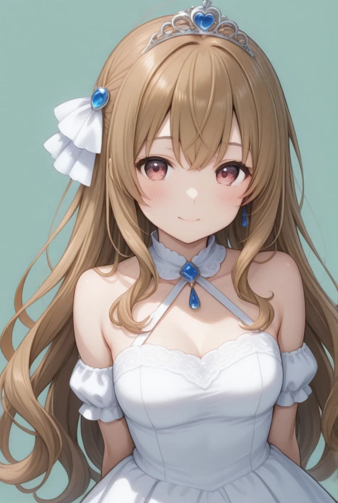 High resolution, highest quality, super high quality,3D Images,garden、flower bed、One girl, (Anime illustration style:1.5), Kotori Minami 、smile、Closed Mouth,clavicle,White Party Dresses,Absolute reference to center、Cowboy Shot、Highly detailed face, Perfect lighting, Highly detailed CG、Standing、Leaning forward