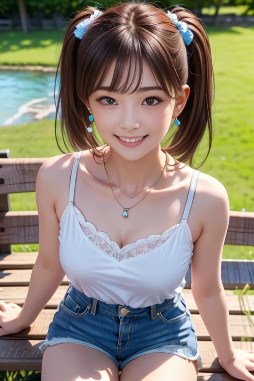 (highest quality,masterpiece:1.3,Ultra-high resolution),(Very detailed、Caustics) (Realistic:1.4, RAW shooting、)Ultra-Realistic Capture、Very detailed、Natural skin texture、masterpiece、(Japanese girl in a white tank top and jeans skirt:1.3)、Adorable expression、Expressions of happiness、14 years old、height: 148cm、Young Face、Amazingly cute、Twin tail hairstyle、Straight hair、Scrunchie、necklace、Black Hair、light makeup、Slightly large chest、Shining thighs、Shining ass、Photo shoot in a private garden、Background details、smile、An inviting gaze、Anatomically correct、Cowboy Shot、Attention to detail、Sit on a bench、