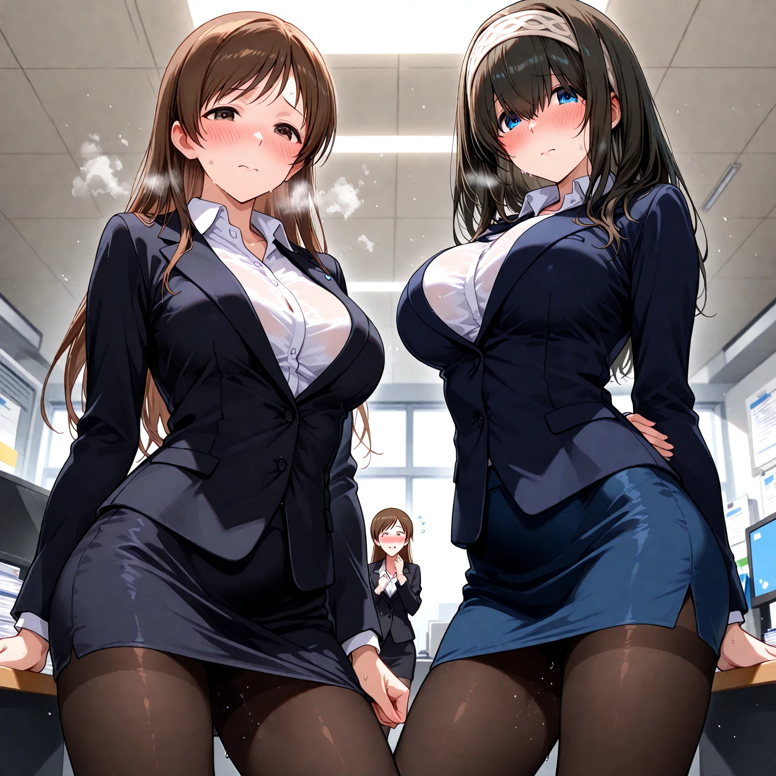 1lady standing, office worker, receptionist, (vest with white and gray checks:1.2) (navy pencil skirt) bowtie, mature female, /(black hair/) bangs, blush kind smile, (masterpiece best quality:1.2) delicate illustration ultra-detailed, large breasts BREAK (modern office indoors), window cityscape, detailed background , (((brown _pantyhose,)))