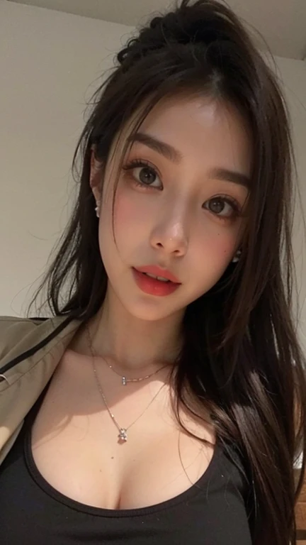 A woman with the same face as last time,Slender Abs、Loose wavy styling、Button-up Shirt、Beautifully expressed in every detail., Including face and skin texture.,Detailed eyes,Seducting look、full body Esbian
