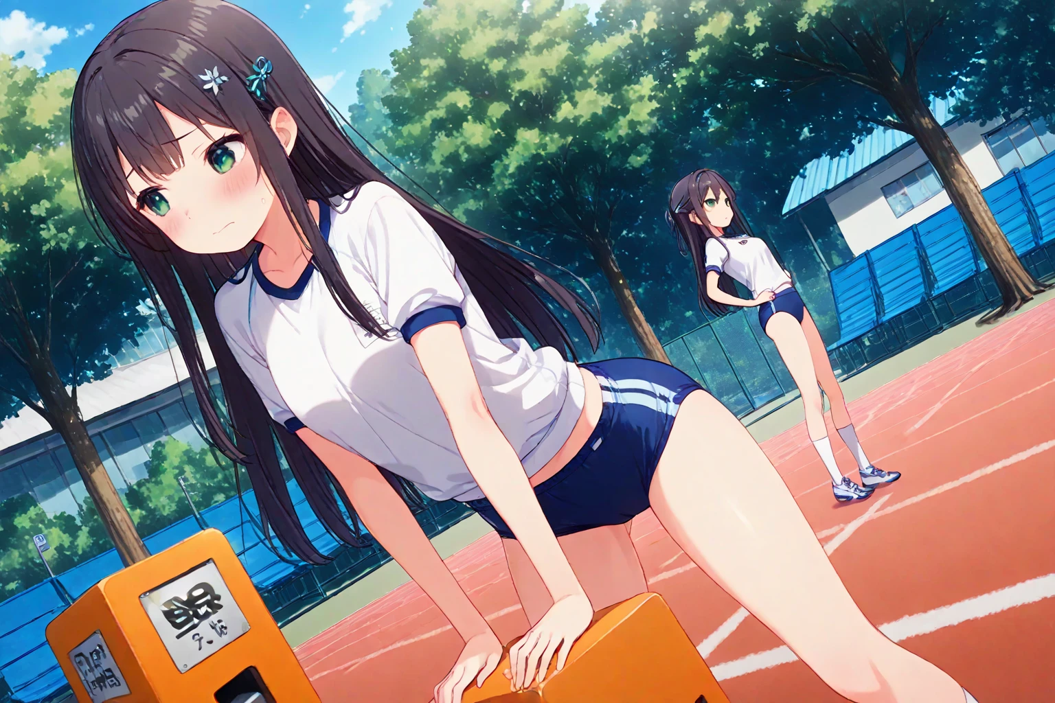 femele,12 years old,,(((White sports bra and blue boxer shorts))),,Wet with sweat,Look back,(((Nariko Saten)))