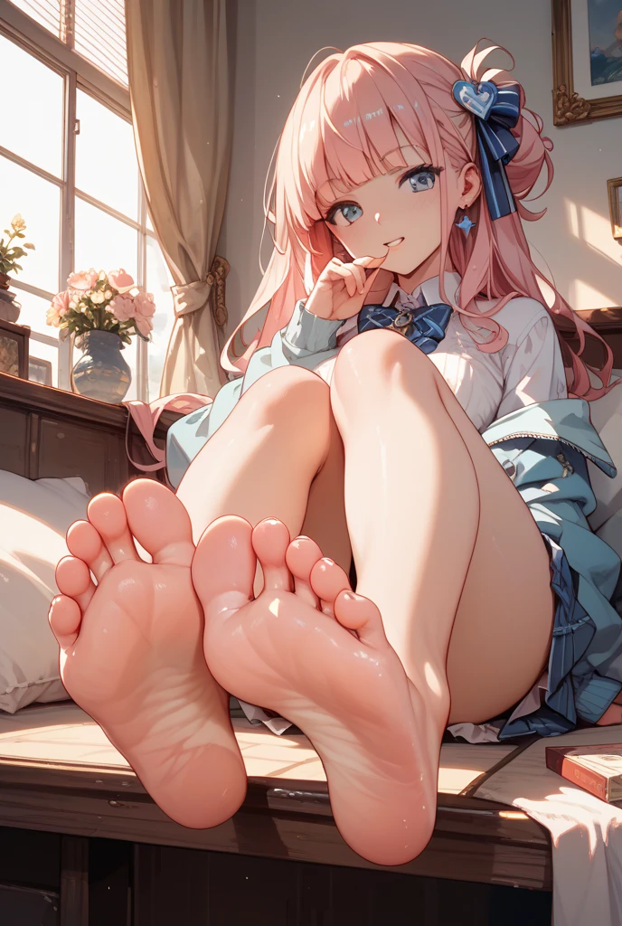 ((Intricate picture)),(((Detailed Description))),(((Delicate face))),Vibrant colors,(((Ultra-fine hair drawing))),((hair high quality)), (((Super quality))), Anime Style, Chiaroscuro, Depth of written boundary, Light from the rear window causes backlighting, Full body portrait,dynamic, stereopsis, masterpiece,(( Very detailed)), Attention to detail, high quality, 4K, 最high quality, High resolution,(((ink wash style)),(main part:1.2, 最high quality), (live-action, Intricate details), 1 Escape, alone, Sitting, Show off your legs, Show me your legs,showing alone,Intermediate,Minimalist Makeup, Natural materials,Face close-up,smile, Mischievous face,white, Point your foot at the camera, clear, stripe, stripe na testa,Mature Body, Facing Madura, Correct anatomy of the foot, Foot Anatomy, Sexy legs, Feet pointing towards the viewer, Get away, Detailed feet, Correct anatomy of the foot,steel ball,Pink Haired and Green Eyed Anime Girls Sitting on the Couch, Pink pigtails and cyan eyes, Anime Moe Art Style, anime ears, Cat ears anime girls, anime waifu, Fascinating Anime Girls, Cute girl anime visuals, Ahegao face, Cute anime face, Anime Girls, 若いAnime Girls, Cute Anime Girls, Ahegao,Big Breasts,naked,nakedの女性,nude