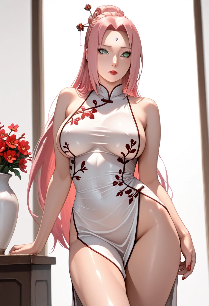 ((masterpiece, best quality, cinematic, photorealistic, ultra-detailed)), ((medium shot, from above)), ((alluring girl)), ((voluptuous body, perfect anatomy, sexy body)), ((glossy red skin, hot and sexy)), ((perfect hands)), ((large breasts)), ((long round legs)),
(detailed and shiny hair, vibrant crimson red hair, loose waves hairstyle),
((wearing silk kimono featuring a pattern of cherry blossoms in various shades of pink and white, the fabric flows gracefully, the obi is intricately tied in an elaborate knot)),
(delicate silver hairpin with a cherry blossom motif holds a small section of her hair in place), ((sensual pose))