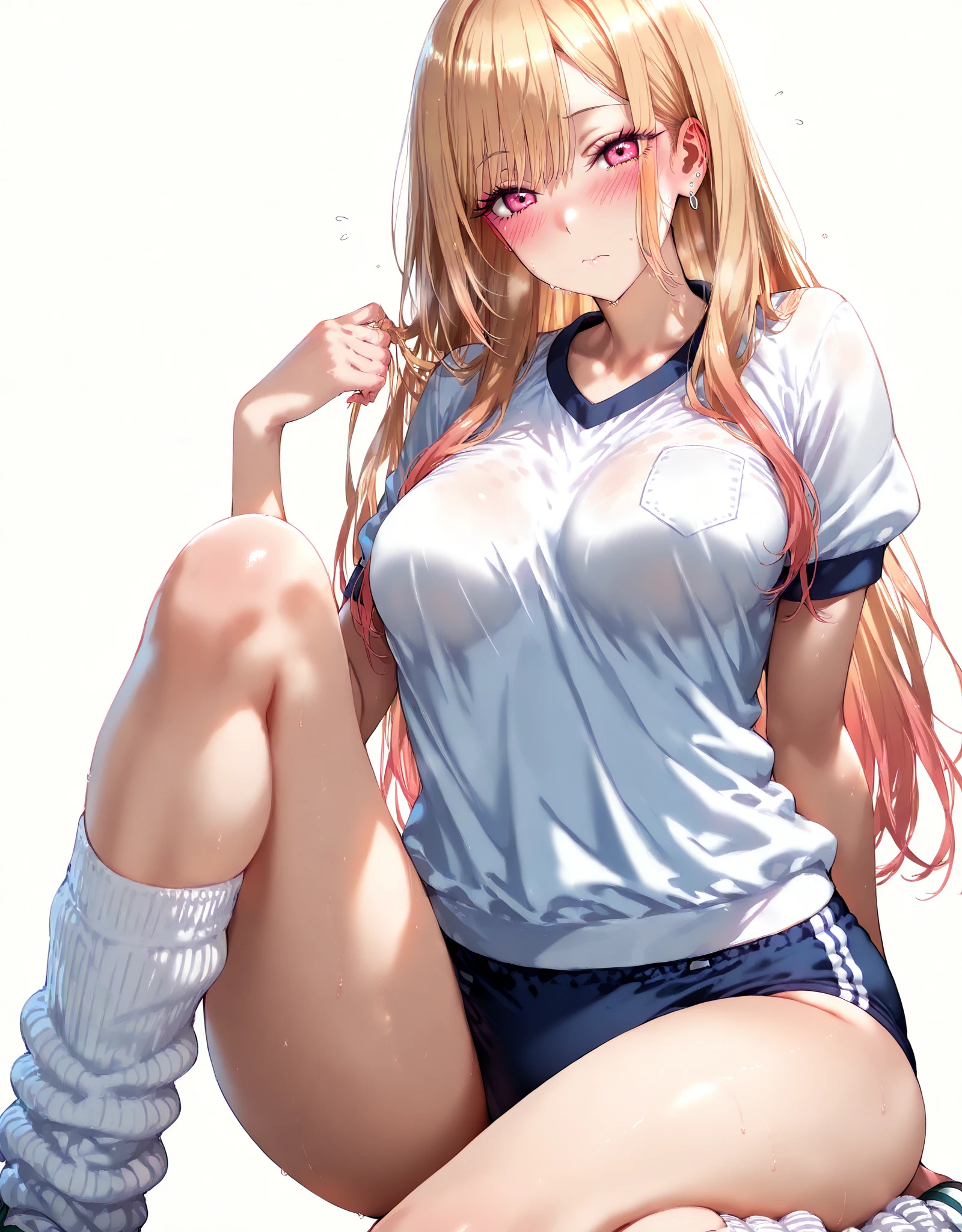 nsfw,masterpiece,ultra detailed,sharp focus,smooth anime,high resolution,medium hair,(blonde hair,dark skin:1.5),curvy adult body(from below),,(see-through printed t-shirt,lifted shirt:1.2),(wet clothes,puffy nipples),peace sign,cute anime girl,(thick lips:1.3),(tareme:1.3),earring,(having sex,vaginal penis),,pubic hair,(bedroom,at morning,sunny day,),(morning sunlight from window),cowgirl position,(surprised:1.4),(pubic hair:1.4),(wetty pussy:1.3),(sweaty),(creampie,cum in pussy:1.2),open mouth,excessive cum in pussy,(look down at viewer:1.2),thick thighs,curvy adult body,close up,