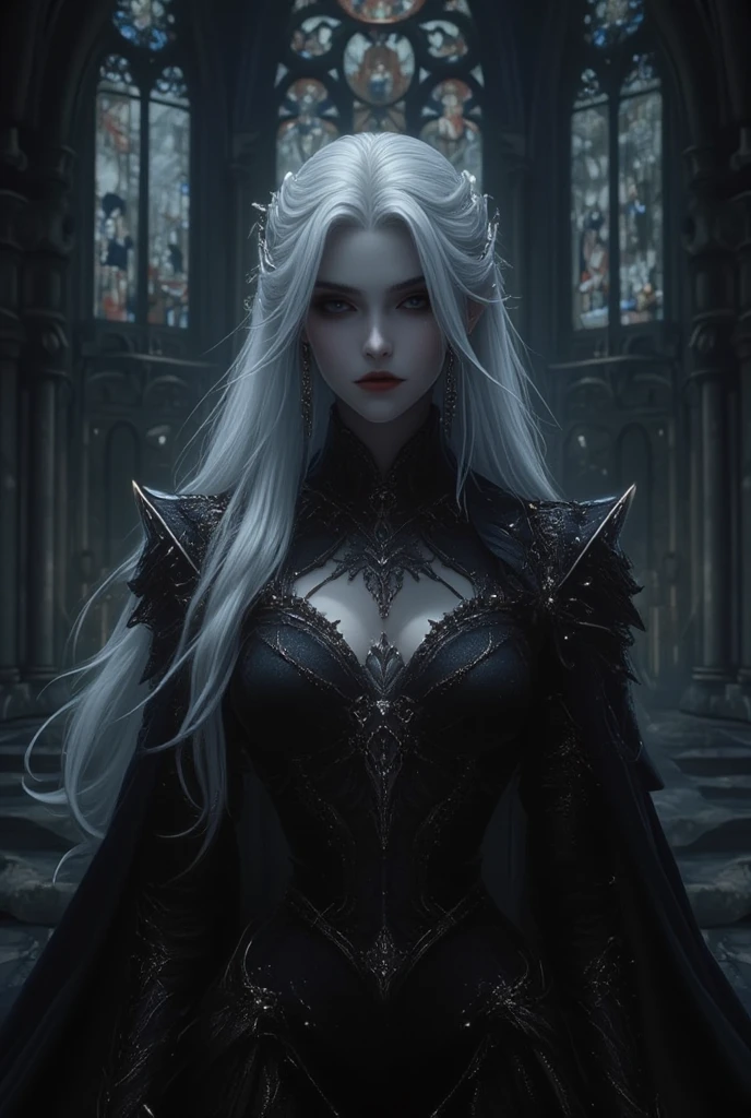 a woman with white skin and white hair, wearing a long black dress and black lipstick (digital art, fantasy art, RPG art)