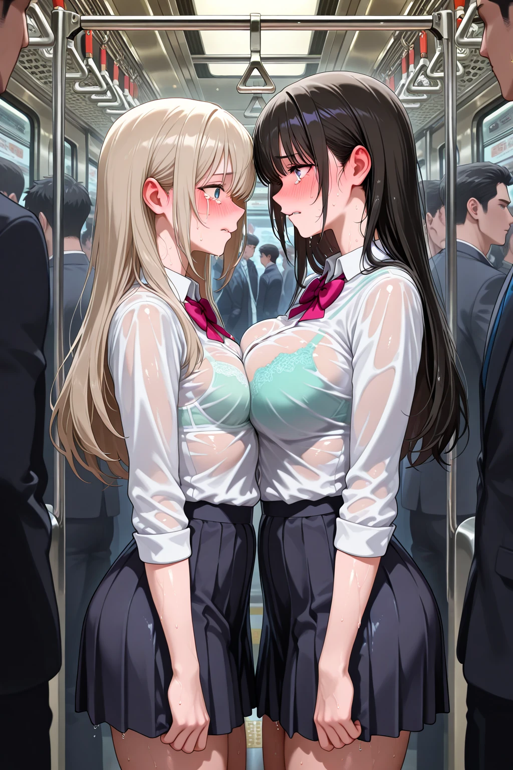 NSFW, photorealistic, top-quality, masterpiece, 4 Korean women , Korean female only, ABSOLUTELY NO MALE, absolutely no men, VERY crowded female only subway train interior detailed scenario, VERY crowded Korean female only subway train interior detailed background, standing insanely hot (woman 1) using sexy ((school uniform)), (((lifted skirt)), (thick thighs), (fear expression), blushed face, (woman 2) sexy young, blond hair, confused look, mature woman ass groping woman 1 from behind, woman 2 touches woman 1 vagina, young woman 2 caressing woman 1 legs, wet kiss, lesbian kiss, saliva string from lips, deep kiss, tongue kiss, (((mature woman pressing her chest on woman 1 back))) and (((holding her waist behind her)))