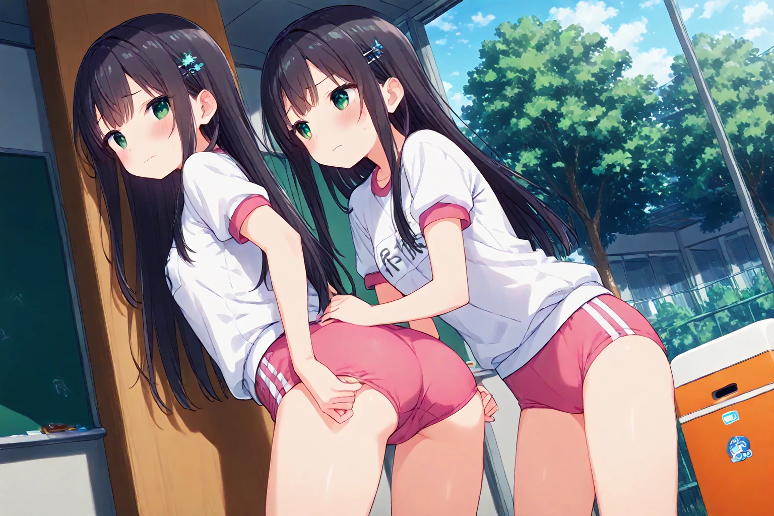 masterpiece, best quality, 2girls, 10yo, (petite), ponytail,
 embarrassed, :o, kneeling, nude, small breasts, nipples, bottomless, pussy, (school gym:1.1),