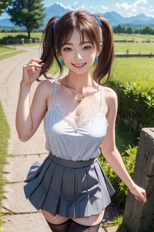 (Highest quality,masterpiece:1.3,Ultra-high resolution),(Very detailed、Caustics) (Realistic:1.4, RAW shooting、)Ultra-Realistic Capture、Very detailed、Natural skin texture、masterpiece、(A Japanese elementary school girl wearing a white blouse and pleated skirt:1.3)、Adorable expression、Expressions of happiness、10 years old、height: 140cm、Baby Face、Pure girl、Amazingly cute、Twin tail hairstyle、Curly Hair、ribbon、Black Hair、Large Breasts、Shining thighs、Shining ass、necklace、Sidewalk in a residential area、Background details、smile、An inviting gaze、(Anatomically correct)、Cowboy Shot、Attention to detail、