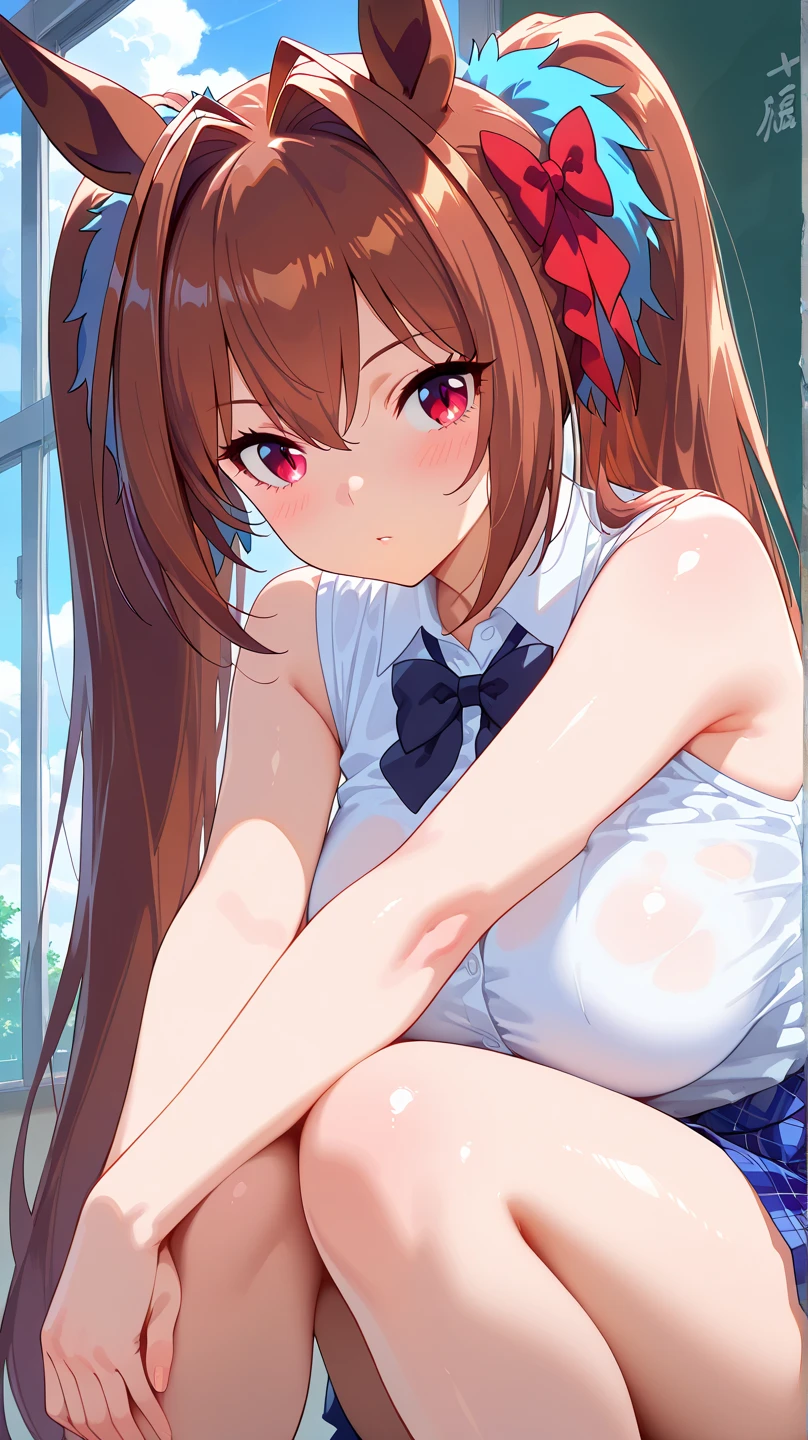 a beautiful girl with blue eyes and brown hair, one side of her hair is up with hair bobbles, she has long hair and a hair ornament, nude,naked,big tits,pussy cum,(masterpiece), best quality, expressive eyes, perfect facet quality,4k,8k,highres,masterpiece:1.2),1girl,ultra-detailed face,navel.blue water background,white stockings,