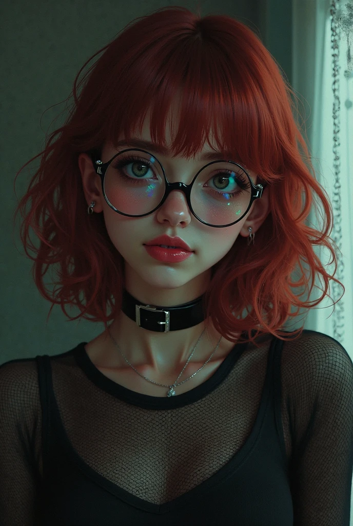 a portrait of one (milk-soaked: 1.2), bangs, (orange hair: 2.6 ), (bob cut: 1.5), glasses, (RAW photo, realism: 1.8), freckle teacher is sitting on a balcony, : vantablack shirt: 18], visible through the vantablack t-shirt, slate atmosphere, cinematic, faded colors, dark shot, soft colors, grainy film, lut, insane details, intricate details, hyperdetailed, close-up, twilight