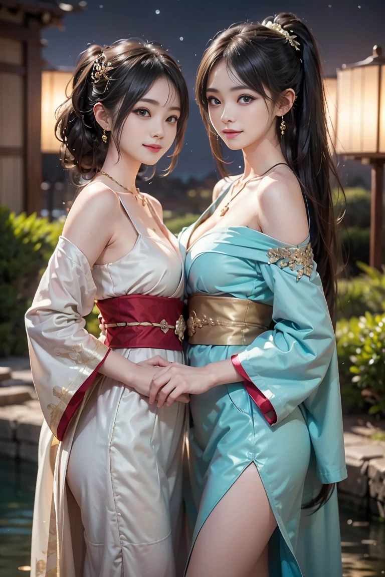 Practical, high resolution, Soft Light, 1 female, Solitary, Hips up, blue eyes, Long hair, Hanfu, Hips up, Jewelry, Tattoo, Cherry blossoms