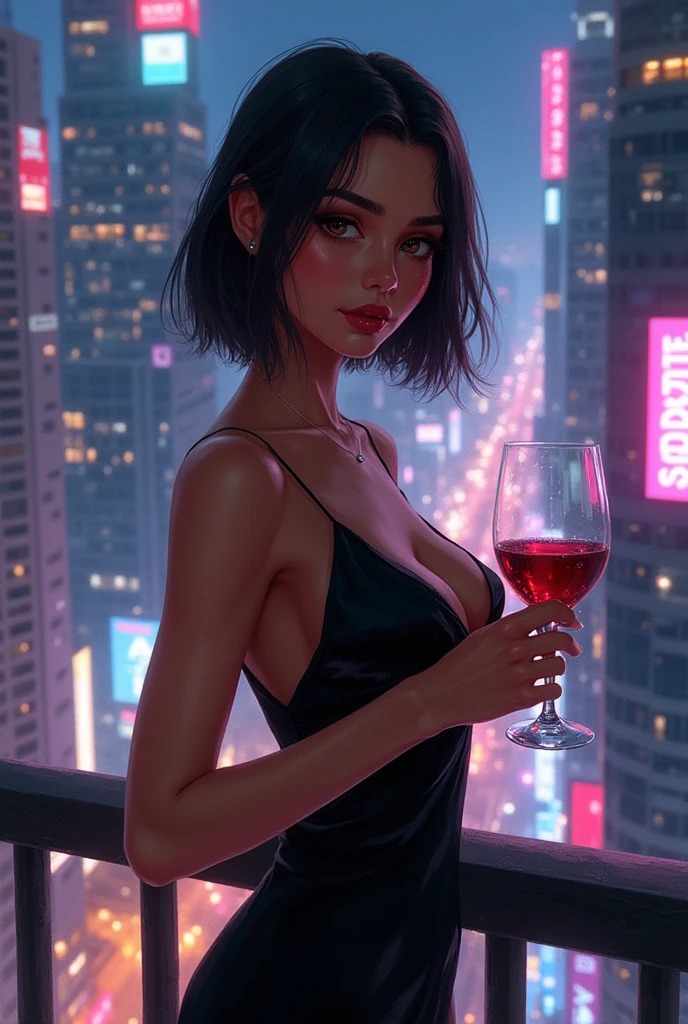 Beautiful woman, street at night with lights, fiddling with smartphone, hot pants, fragrant pink flowers, passers-by, gradation of night scene, fine details, subtle tones, tranquility floating on the screen.