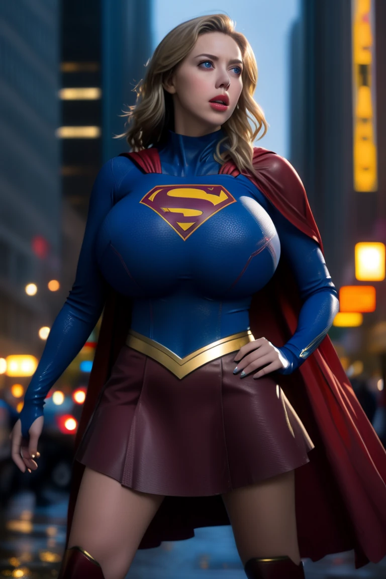 Supergirl, 27 years old, full body shot, Beautiful woman (((shoulder length wavy caramel blonde hair))) (bangs:1.2) defined body, Red lipstick, smiling, hands free, standing, (huge_breasts:1.3) (very full figure, curvy, chubby, very soft, very thick, big breasts, sexy, sexy pose, fat thighs) ((( short sleeve, sparkling blue and red leotard, flowing red cape, red pleated skirt of Supergirl))), rooftop city night, (curvy:1.4)